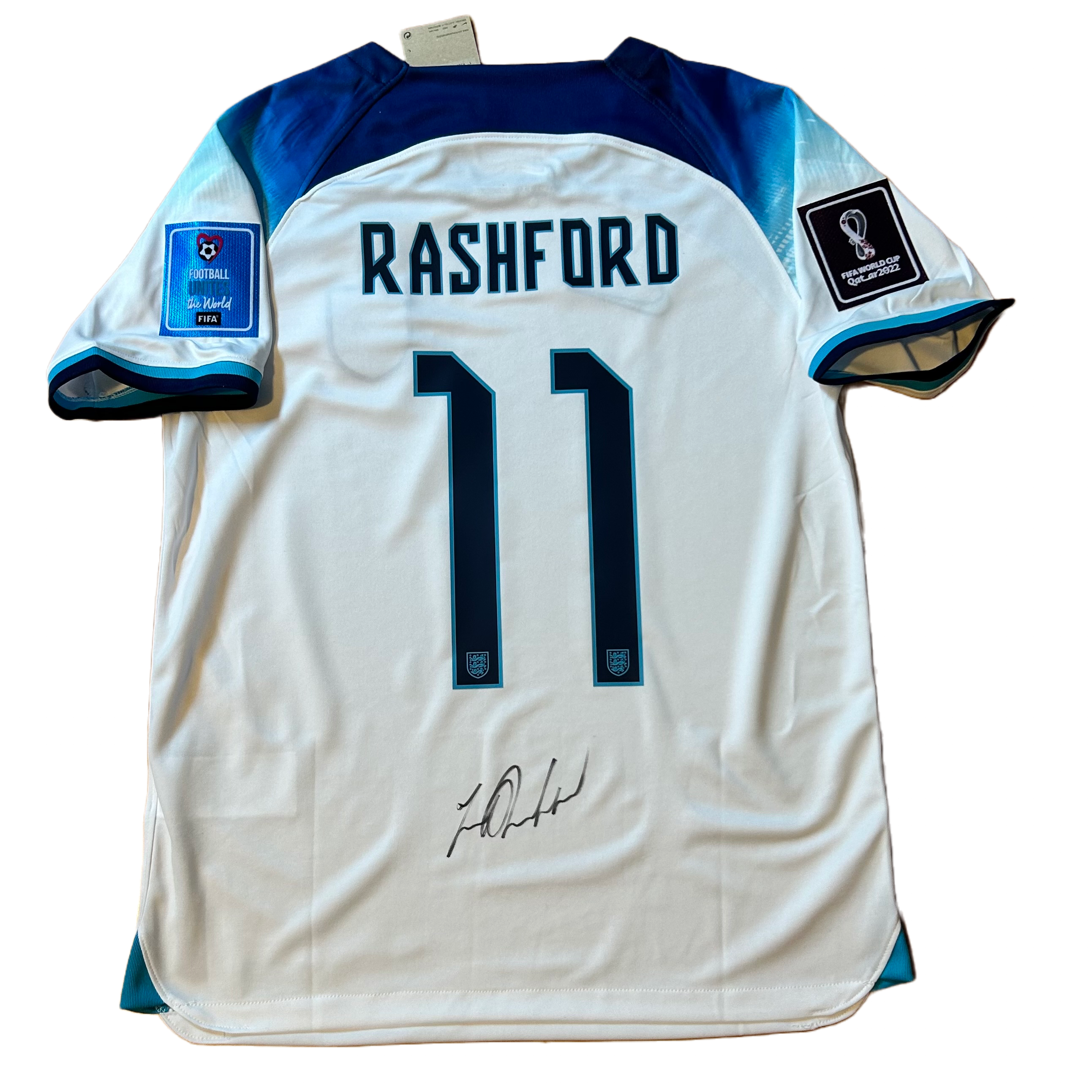 Nike England Marcus Rashford Authentic Match Home Jersey 22/23 w/ World Cup 2022 Patches (White/Blue Fury/Blue Void) Size XL